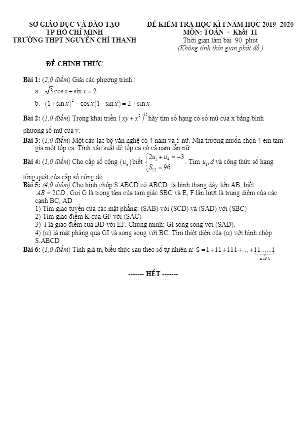 de thi hoc ki 1 hk1 lop 11 mon toan nam 2019 2020 truong nguyen chi thanh tp hcm d