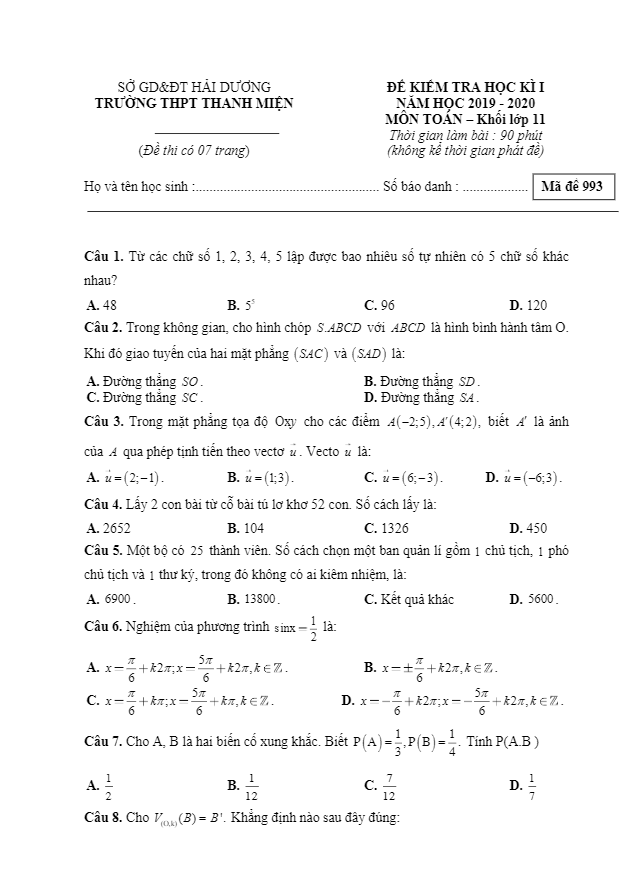 de thi hoc ki 1 hk1 lop 11 mon toan nam 2019 2020 truong thanh mien hai duong d