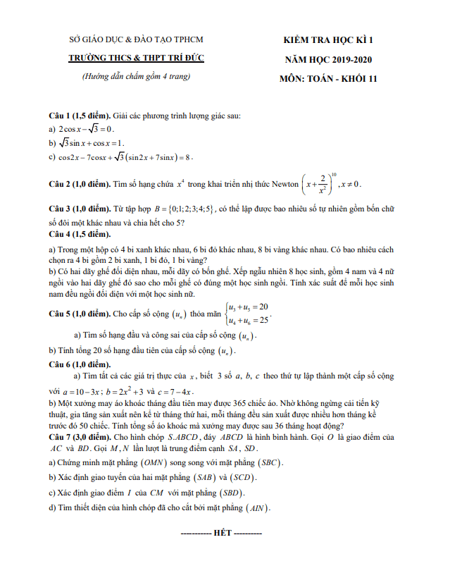 de thi hoc ki 1 hk1 lop 11 mon toan nam 2019 2020 truong thcs thpt tri duc tp hcm d