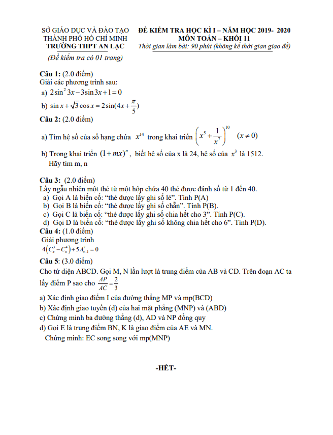 de thi hoc ki 1 hk1 lop 11 mon toan nam 2019 2020 truong thpt an lac tp hcm d