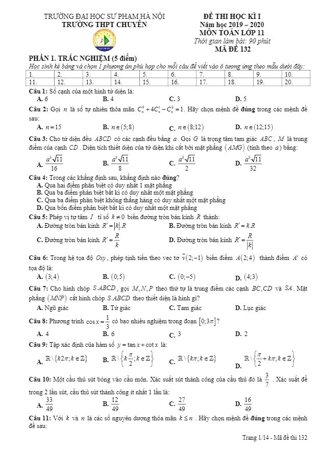 de thi hoc ki 1 hk1 lop 11 mon toan nam 2019 2020 truong thpt chuyen dhsp ha noi d