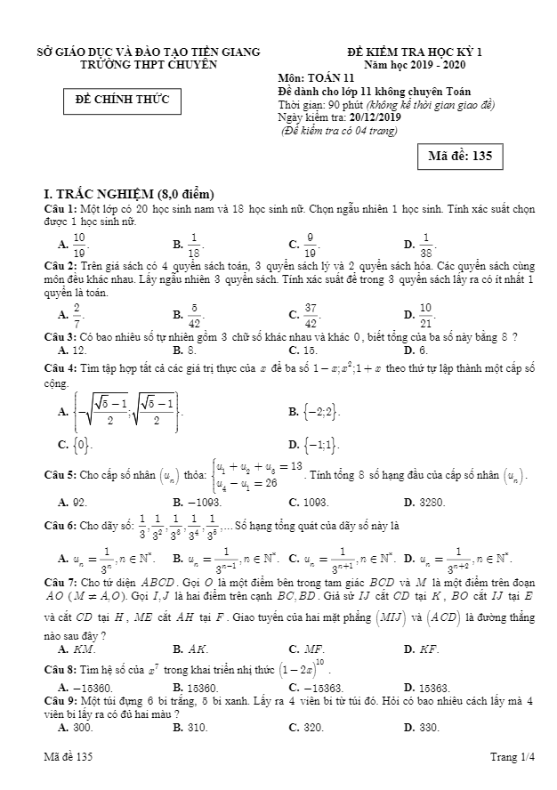 de thi hoc ki 1 hk1 lop 11 mon toan nam 2019 2020 truong thpt chuyen tien giang d