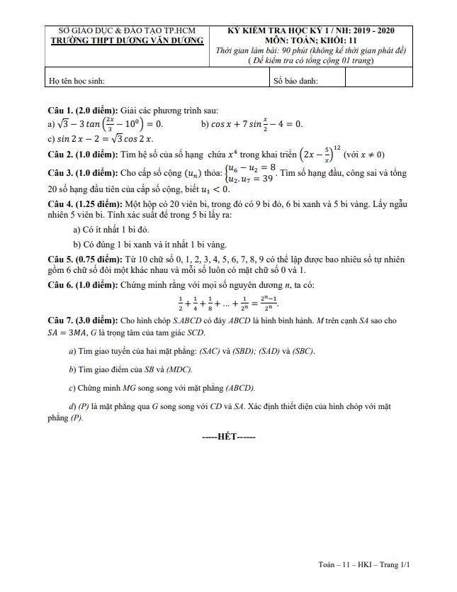 de thi hoc ki 1 hk1 lop 11 mon toan nam 2019 2020 truong thpt duong van duong tp hcm d