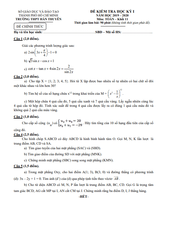 Đề thi học kì 1 (HK1) lớp 11 môn Toán năm 2019 2020 trường THPT Hàn Thuyên TP HCM 4 de thi hoc ki 1 hk1 lop 11 mon toan nam 2019 2020 truong thpt han thuyen tp hcm d