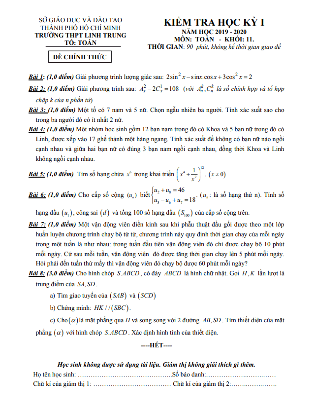 de thi hoc ki 1 hk1 lop 11 mon toan nam 2019 2020 truong thpt linh trung tp hcm d