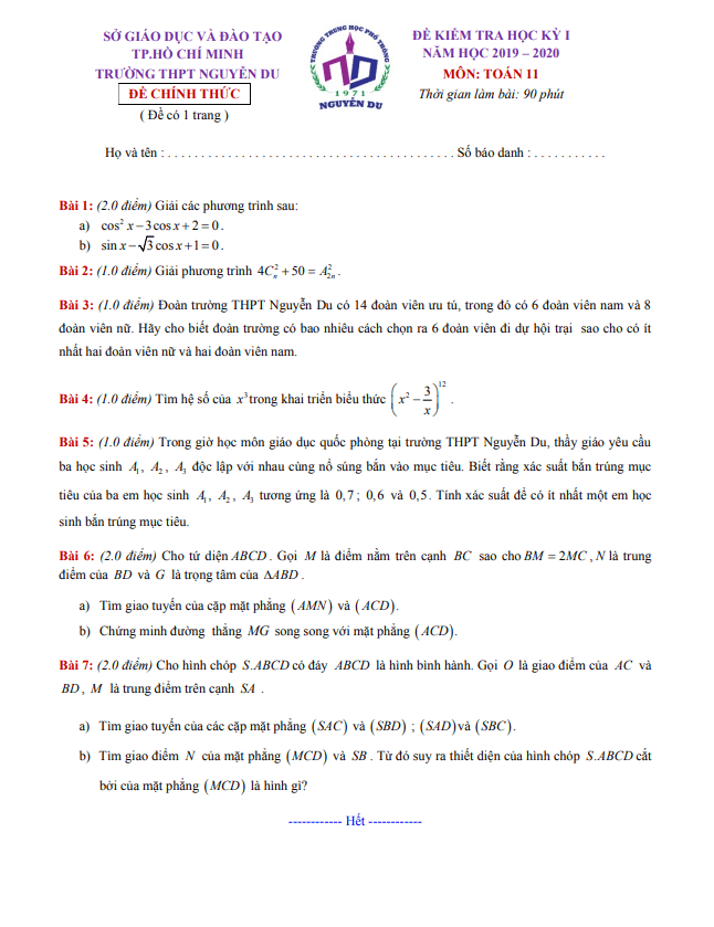 de thi hoc ki 1 hk1 lop 11 mon toan nam 2019 2020 truong thpt nguyen du tp hcm d