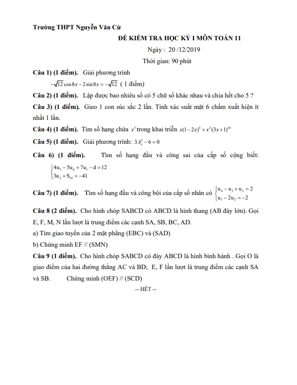 de thi hoc ki 1 hk1 lop 11 mon toan nam 2019 2020 truong thpt nguyen van cu tp hcm d