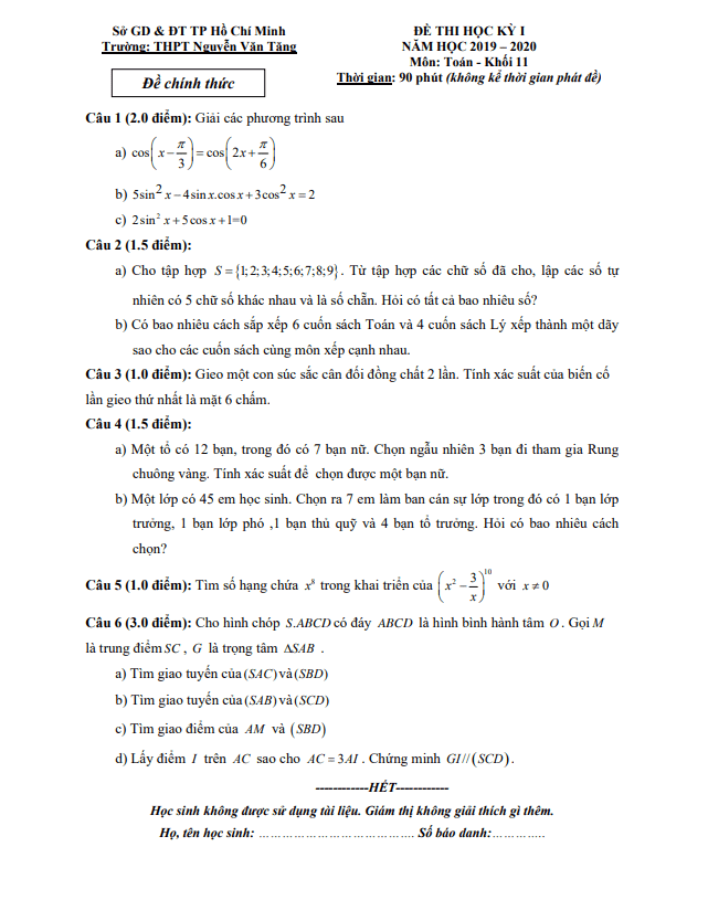 de thi hoc ki 1 hk1 lop 11 mon toan nam 2019 2020 truong thpt nguyen van tang tp hcm d