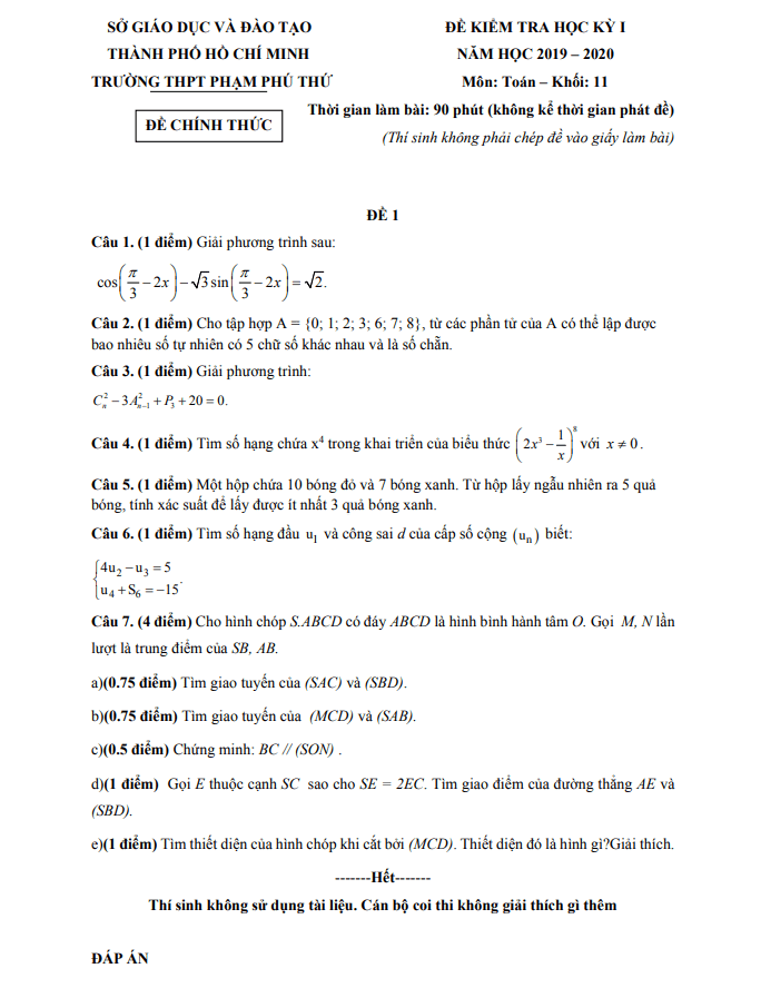de thi hoc ki 1 hk1 lop 11 mon toan nam 2019 2020 truong thpt pham phu thu tp hcm d