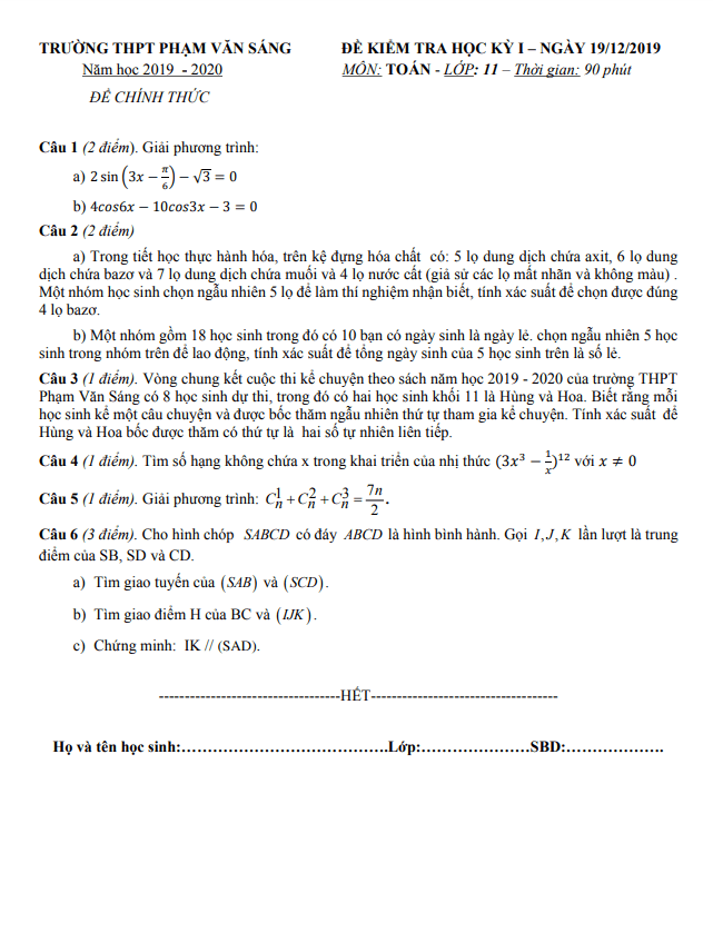 Đề thi học kì 1 (HK1) lớp 11 môn Toán năm 2019 2020 trường THPT Phạm Văn Sáng TP HCM 4 de thi hoc ki 1 hk1 lop 11 mon toan nam 2019 2020 truong thpt pham van sang tp hcm d