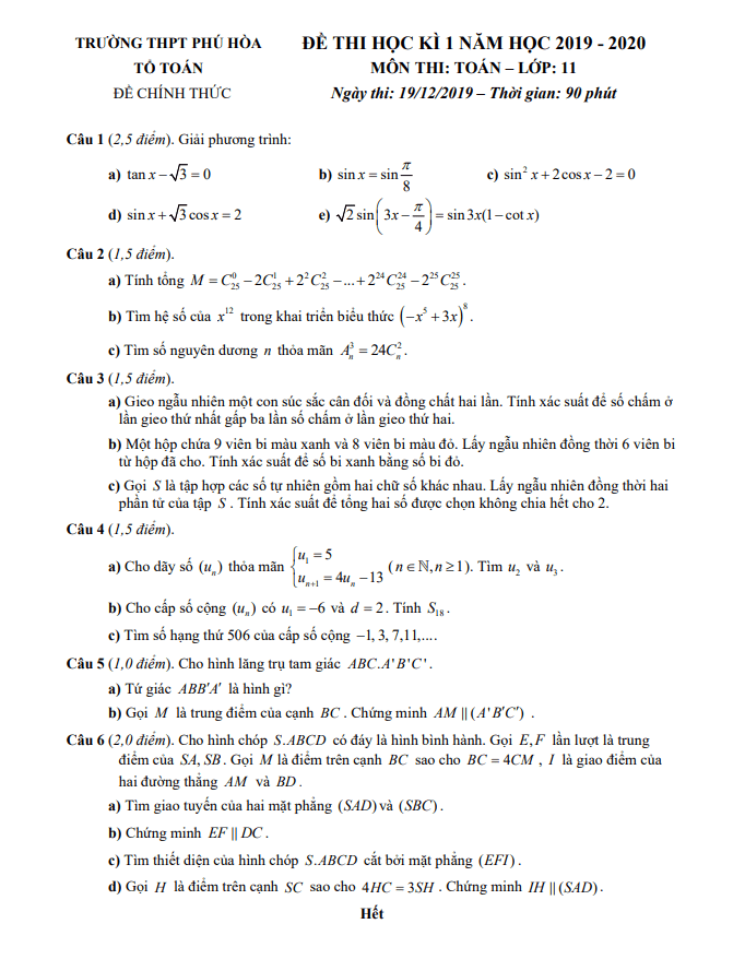Đề thi học kì 1 (HK1) lớp 11 môn Toán năm 2019 2020 trường THPT Phú Hòa TP HCM 4 de thi hoc ki 1 hk1 lop 11 mon toan nam 2019 2020 truong thpt phu hoa tp hcm d