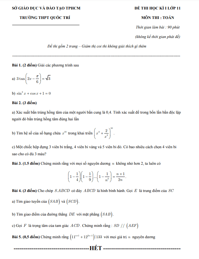 de thi hoc ki 1 hk1 lop 11 mon toan nam 2019 2020 truong thpt quoc tri tp hcm d