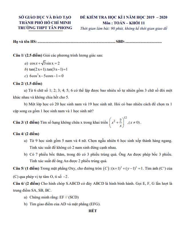 de thi hoc ki 1 hk1 lop 11 mon toan nam 2019 2020 truong thpt tan phong tp hcm d