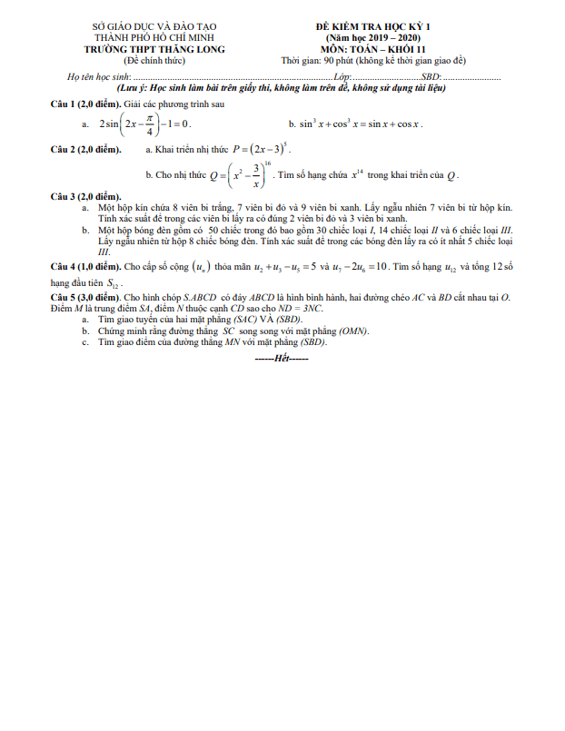 de thi hoc ki 1 hk1 lop 11 mon toan nam 2019 2020 truong thpt thang long tp hcm d