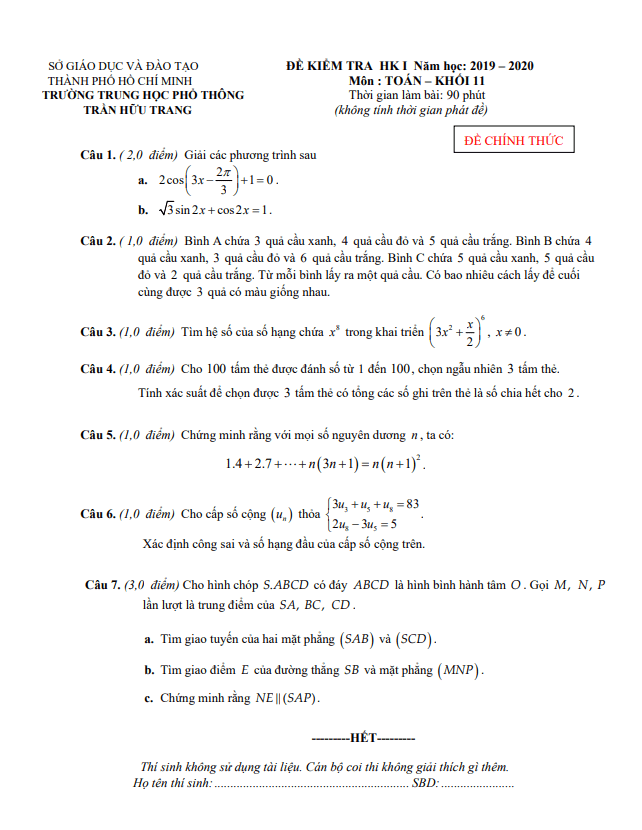 de thi hoc ki 1 hk1 lop 11 mon toan nam 2019 2020 truong thpt tran huu trang tp hcm d