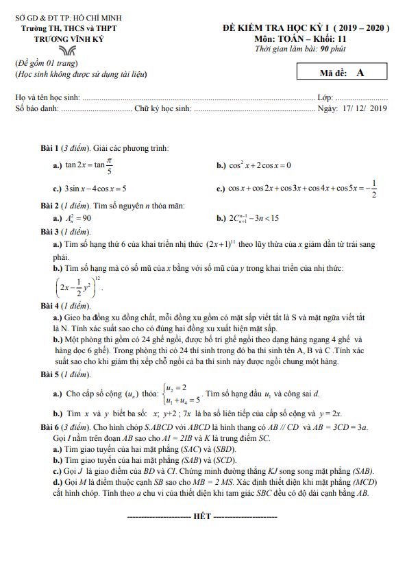 de thi hoc ki 1 hk1 lop 11 mon toan nam 2019 2020 truong truong vinh ky tp hcm d