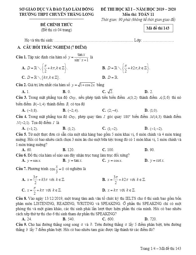 de thi hoc ki 1 hk1 lop 11 mon toan nam 2019 e28093 2020 truong chuyen thang long e28093 lam dong d