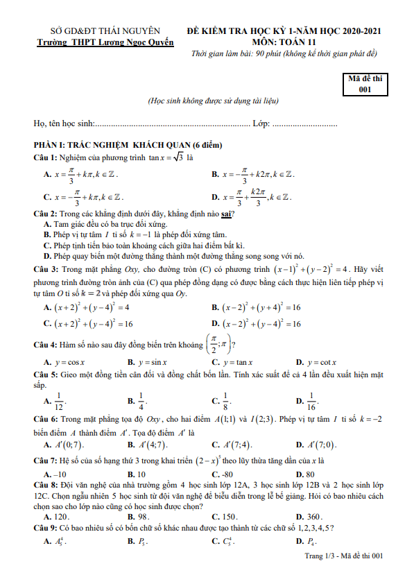 de thi hoc ki 1 hk1 lop 11 mon toan nam 2020 2021 truong luong ngoc quyen thai nguyen d