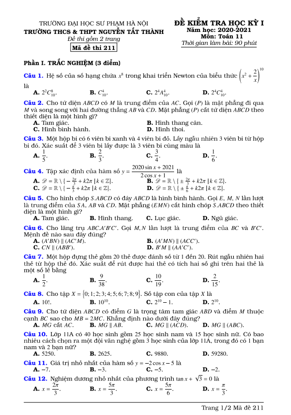 de thi hoc ki 1 hk1 lop 11 mon toan nam 2020 2021 truong nguyen tat thanh ha noi d