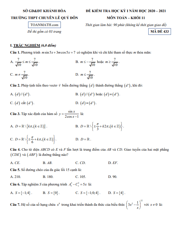 de thi hoc ki 1 hk1 lop 11 mon toan nam 2020 2021 truong thpt chuyen le quy don khanh hoa d