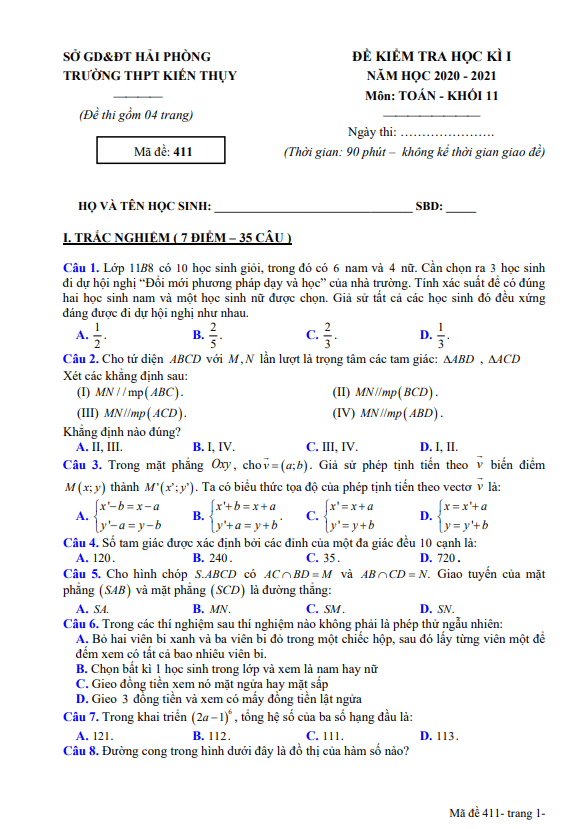 Đề thi học kì 1 (HK1) lớp 11 môn Toán năm 2020 2021 trường THPT Kiến Thụy Hải Phòng 4 de thi hoc ki 1 hk1 lop 11 mon toan nam 2020 2021 truong thpt kien thuy hai phong d