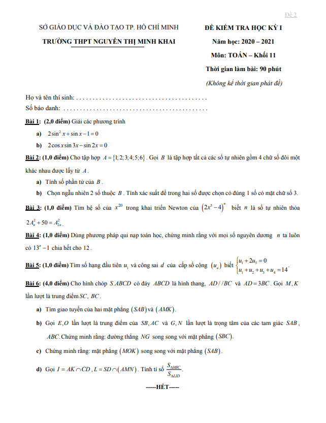 de thi hoc ki 1 hk1 lop 11 mon toan nam 2020 2021 truong thpt nguyen thi minh khai tp hcm d