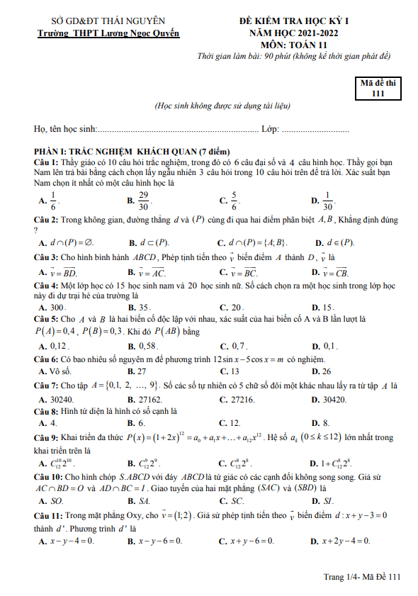 de thi hoc ki 1 hk1 lop 11 mon toan nam 2021 2022 truong thpt luong ngoc quyen thai nguyen d