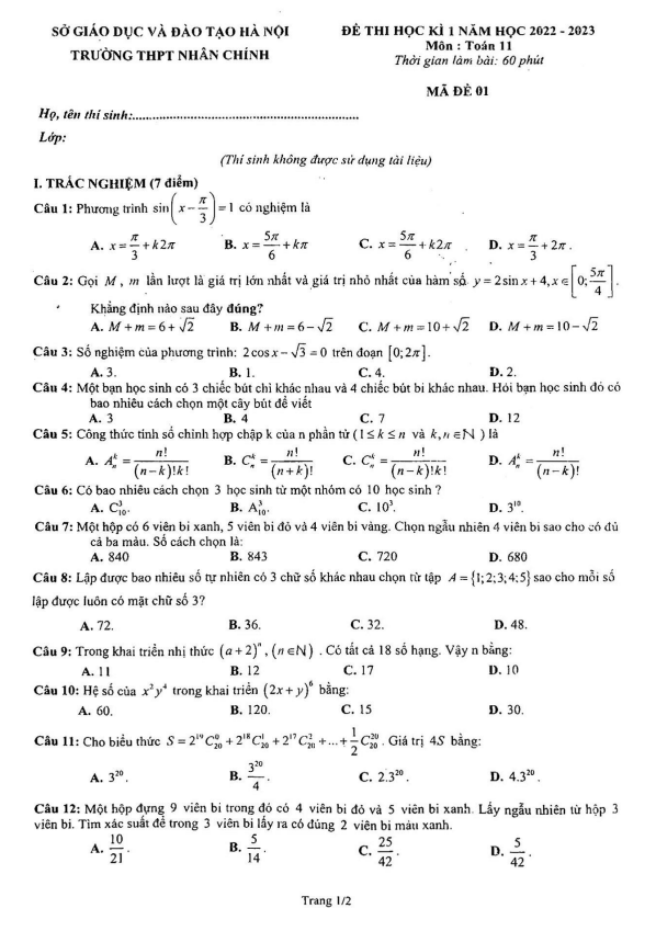 de thi hoc ki 1 hk1 lop 11 mon toan nam 2022 2023 truong thpt nhan chinh ha noi d