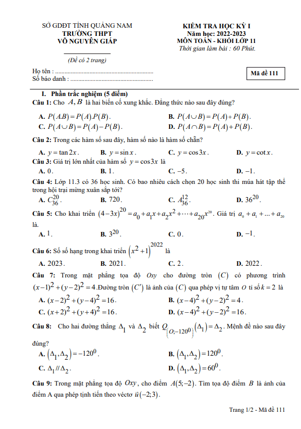 de thi hoc ki 1 hk1 lop 11 mon toan nam 2022 2023 truong thpt vo nguyen giap quang nam d