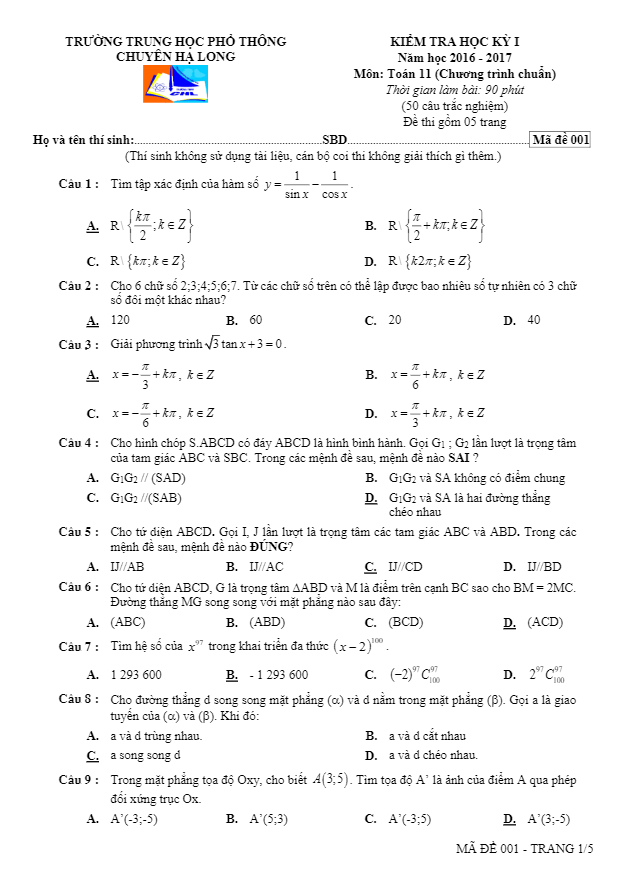 de thi hoc ki 1 hk1 lop 11 mon toan nam hoc 2016 2017 truong chuyen ha long quang ninh d