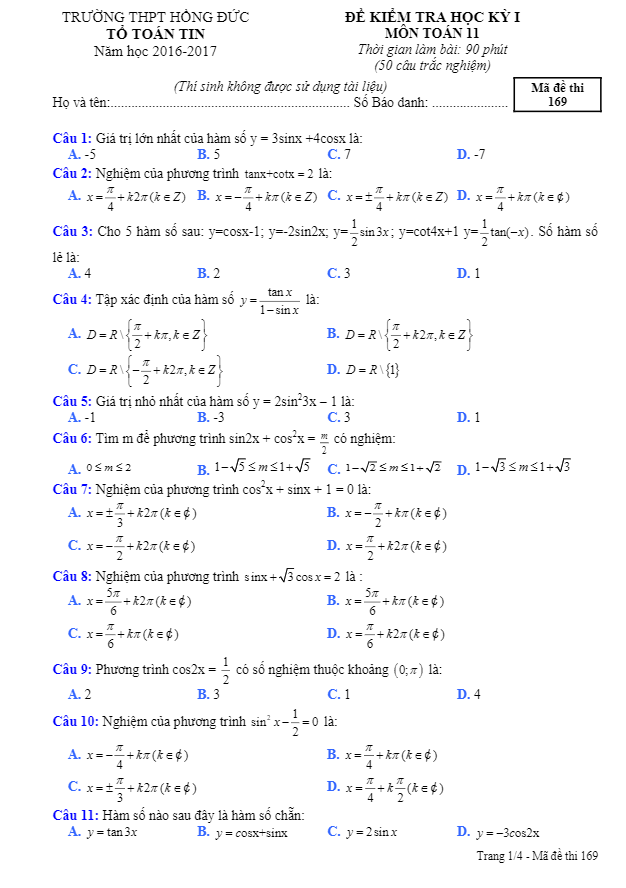de thi hoc ki 1 hk1 lop 11 mon toan nam hoc 2016 2017 truong thpt hong duc dak lak d