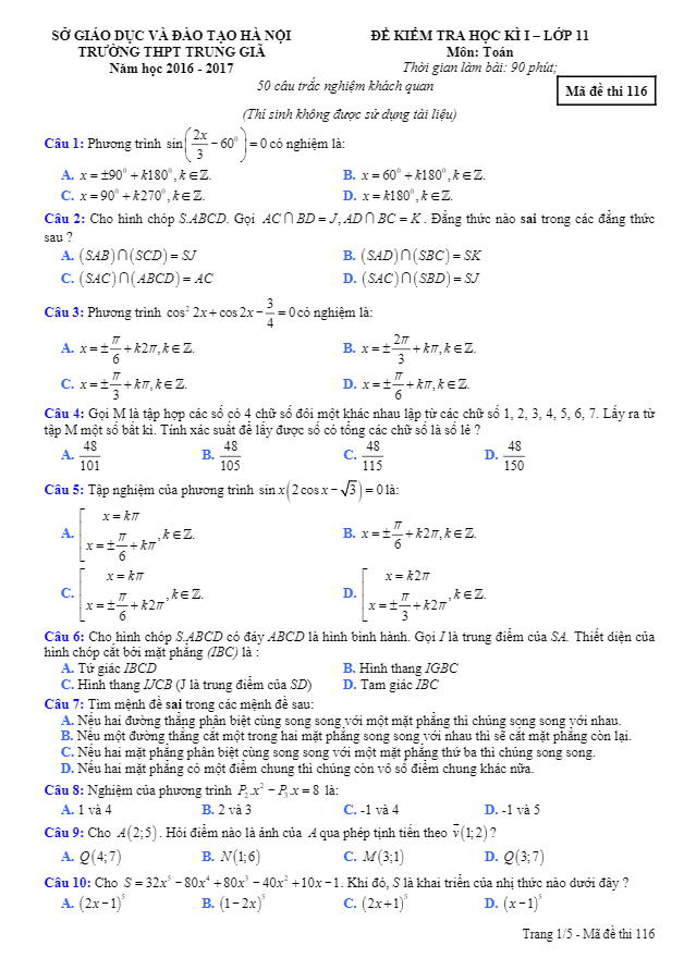 de thi hoc ki 1 hk1 lop 11 mon toan nam hoc 2016 2017 truong thpt trung gia ha noi d
