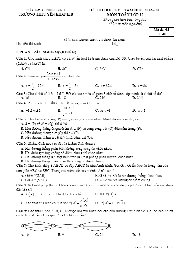 de thi hoc ki 1 hk1 lop 11 mon toan nam hoc 2016 2017 truong thpt yen khanh b ninh binh d