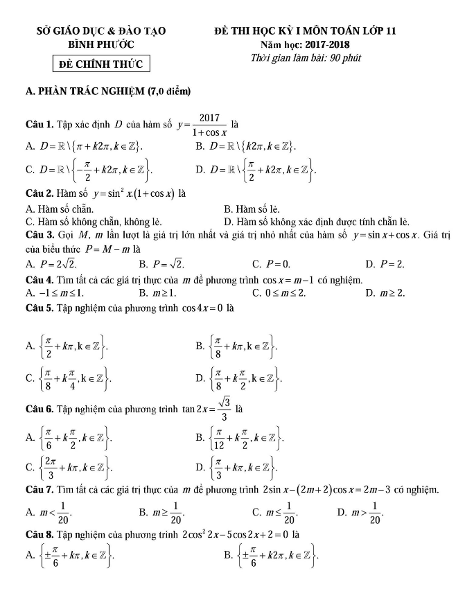 de thi hoc ki 1 hk1 lop 11 mon toan nam hoc 2017 2018 so gd va dt binh phuoc d