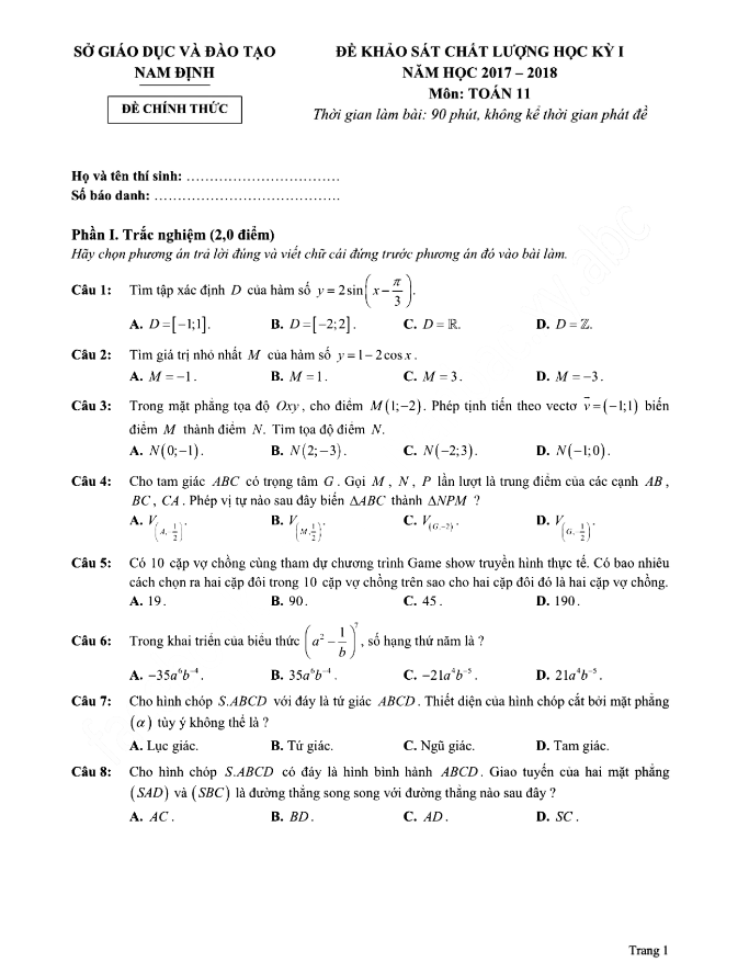 Đề thi học kì 1 (HK1) lớp 11 môn Toán năm học 2017 2018 sở GD và ĐT Nam Định 5 de thi hoc ki 1 hk1 lop 11 mon toan nam hoc 2017 2018 so gd va dt nam dinh d