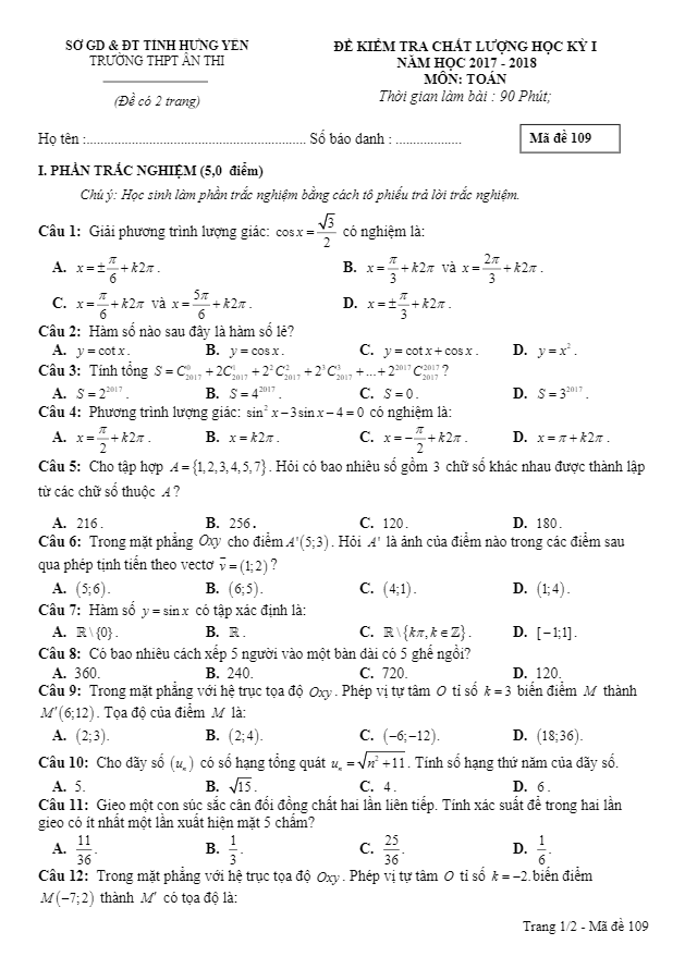 Đề thi học kì 1 (HK1) lớp 11 môn Toán năm học 2017 2018 trường THPT Ân Thi Hưng Yên 6 de thi hoc ki 1 hk1 lop 11 mon toan nam hoc 2017 2018 truong thpt an thi hung yen d