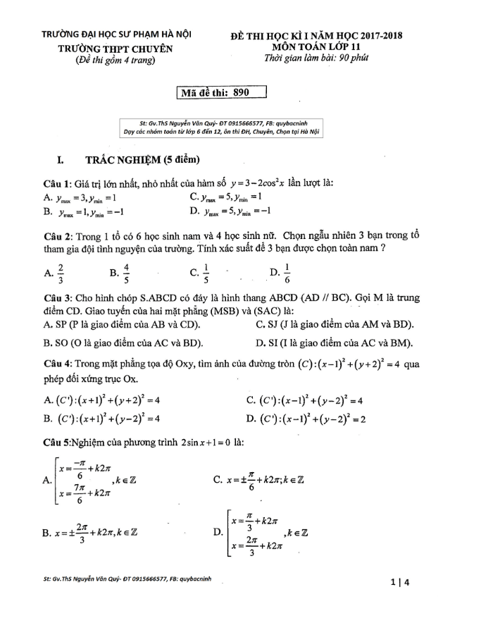 de thi hoc ki 1 hk1 lop 11 mon toan nam hoc 2017 2018 truong thpt chuyen dai hoc su pham ha noi d