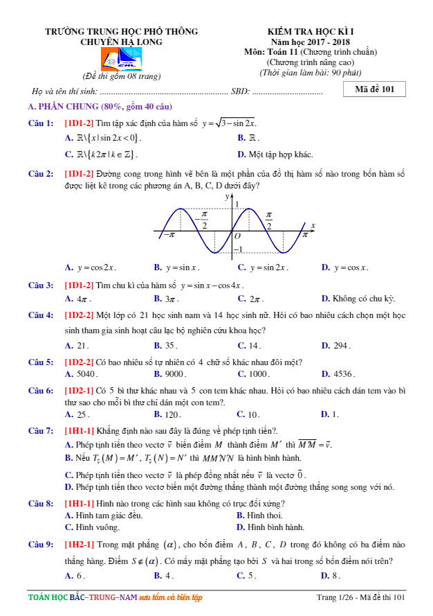 de thi hoc ki 1 hk1 lop 11 mon toan nam hoc 2017 2018 truong thpt chuyen ha long quang ninh d