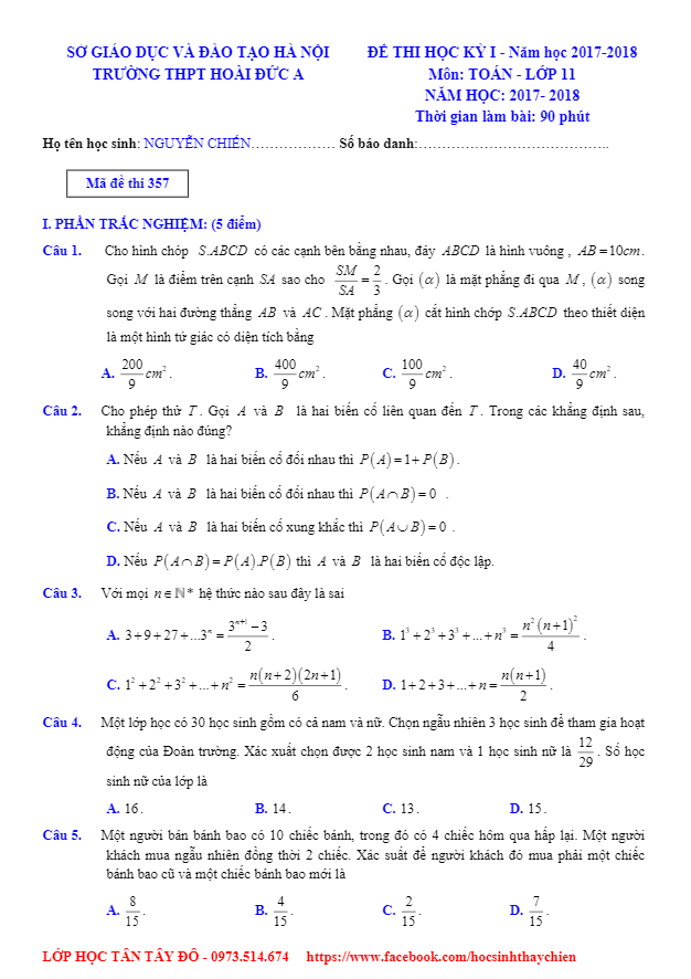 de thi hoc ki 1 hk1 lop 11 mon toan nam hoc 2017 2018 truong thpt hoai duc a ha noi d