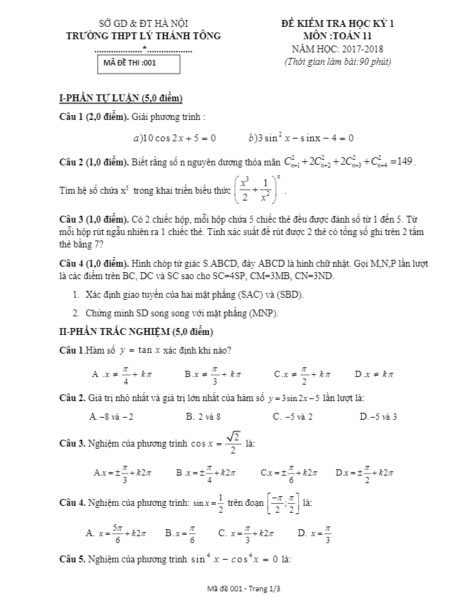 de thi hoc ki 1 hk1 lop 11 mon toan nam hoc 2017 2018 truong thpt ly thanh tong ha noi d