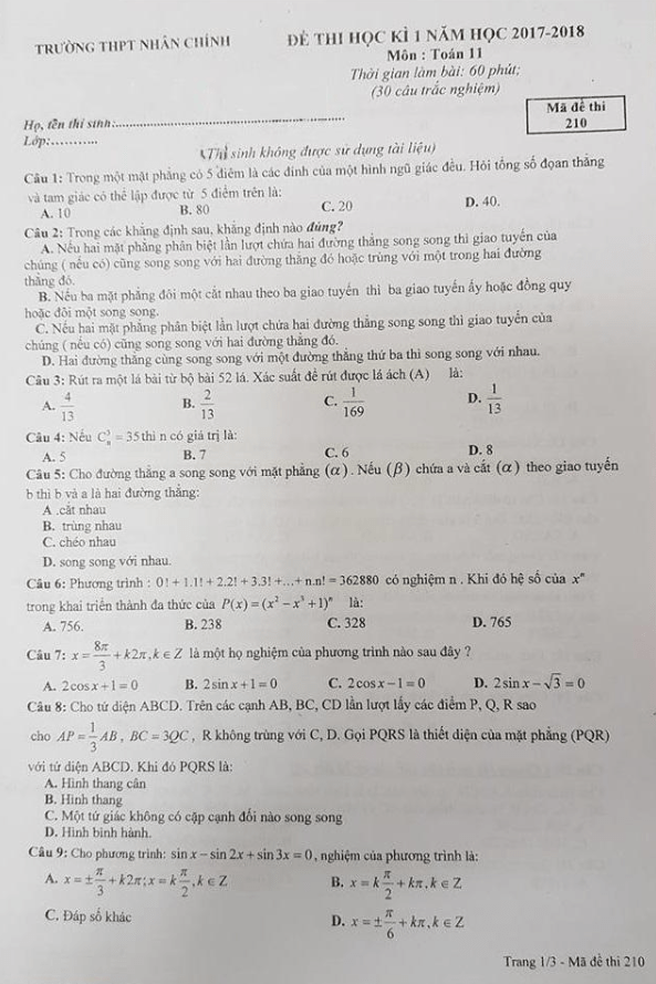 de thi hoc ki 1 hk1 lop 11 mon toan nam hoc 2017 2018 truong thpt nhan chinh ha noi d