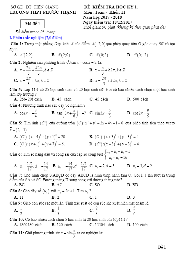 de thi hoc ki 1 hk1 lop 11 mon toan nam hoc 2017 2018 truong thpt phuoc thanh tien giang d