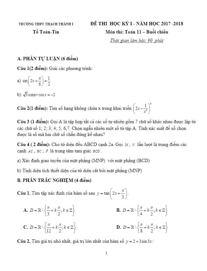 Đề thi học kì 1 (HK1) lớp 11 môn Toán năm học 2017 2018 trường THPT Thạch Thành 1 Thanh Hóa 1 de thi hoc ki 1 hk1 lop 11 mon toan nam hoc 2017 2018 truong thpt thach thanh 1 thanh hoa d