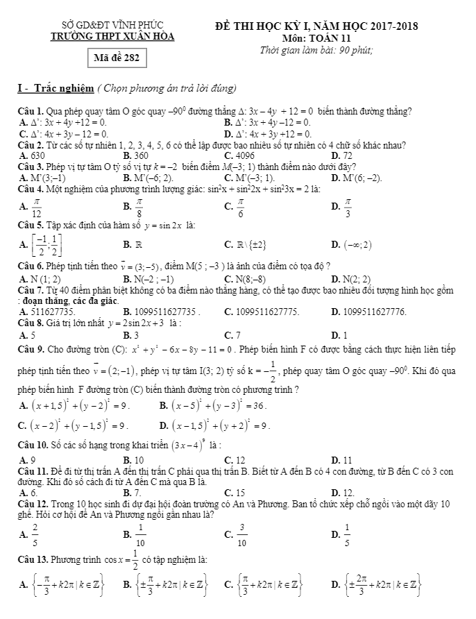 de thi hoc ki 1 hk1 lop 11 mon toan nam hoc 2017 2018 truong thpt xuan hoa vinh phuc d