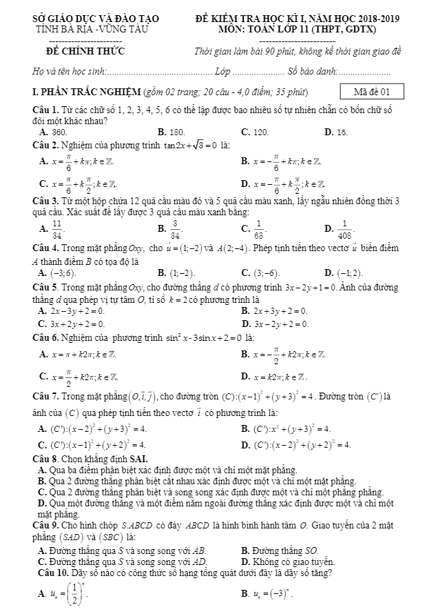 de thi hoc ki 1 hk1 lop 11 mon toan nam hoc 2018 2019 so gd va dt ba ria vung tau d