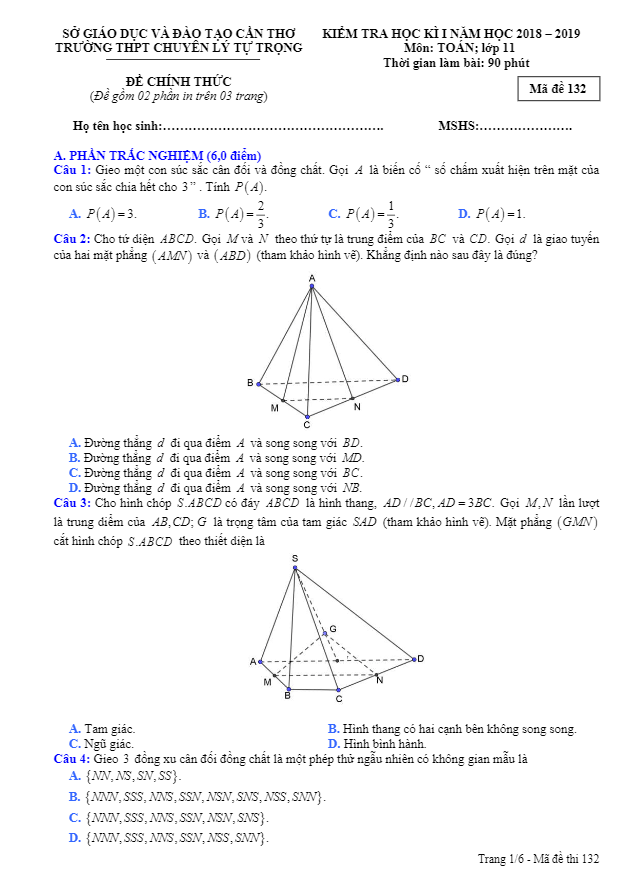 de thi hoc ki 1 hk1 lop 11 mon toan nam hoc 2018 2019 truong thpt chuyen ly tu trong can tho d