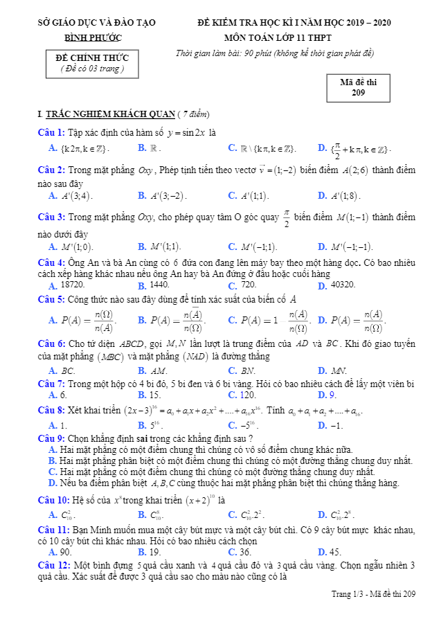 de thi hoc ki 1 hk1 lop 11 mon toan nam hoc 2019 2020 so gd dt binh phuoc d