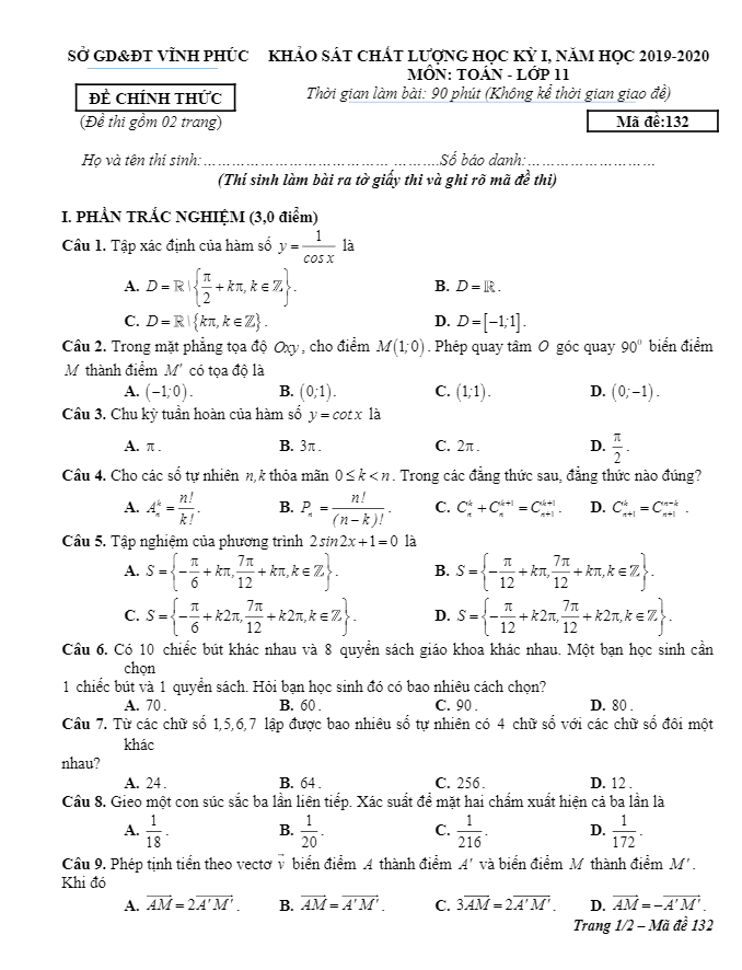 de thi hoc ki 1 hk1 lop 11 mon toan nam hoc 2019 2020 so gd dt vinh phuc d