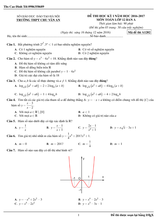 de thi hoc ki 1 hk1 lop 12 mon toan ban a nam hoc 2016 2017 truong chu van an ha noi d