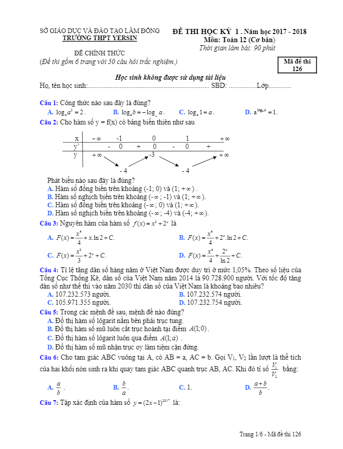 Đề thi học kì 1 (HK1) lớp 12 môn Toán cơ bản năm học 2017 2018 trường THPT Yersin Lâm Đồng 8 de thi hoc ki 1 hk1 lop 12 mon toan co ban nam hoc 2017 2018 truong thpt yersin lam dong d